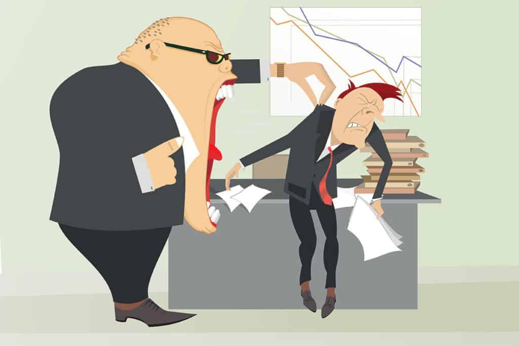 Conflict and emotions: Caricature of an extremely large boss with a wide open mouth yelling at a much smaller employee as he holds him off the ground near his desk.