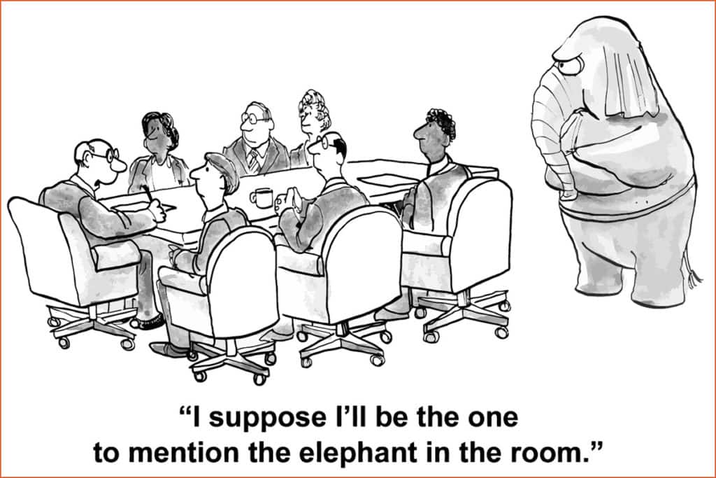 An elephant stands frowning over a boardroom table. At the head of the table, a person says: "I suppose I'll be the one to mention the elephant in the room."