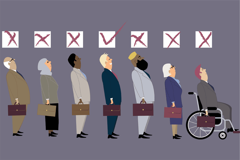 Illustration of seven diverse people standing in line. The white male has a checkmark above his head; everyone else has an 'x'.