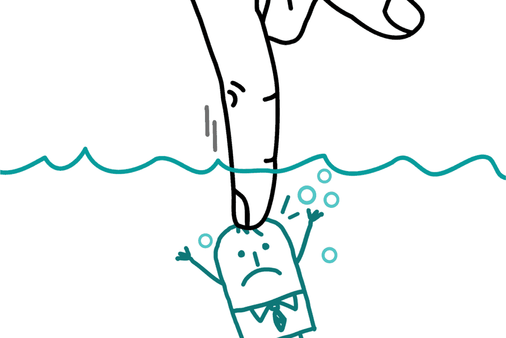Illustration of a large finger pressing down on the head of a tiny person and keeping them under water.
