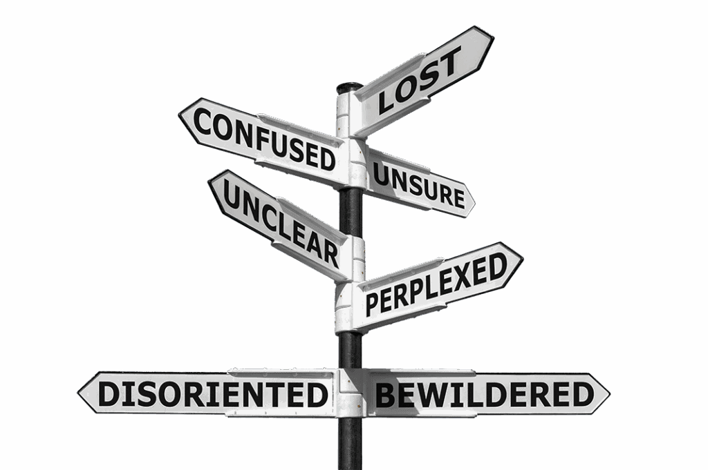 roadsign pole with 7 emotion words as directions, including lost, confused, unsure, unclear, perplexed, disoriented, and bewildered.