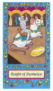 Whimsical Tarot card Knight of Pentacles with fairy tale character Tom Thumb riding a mouse