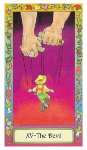 Pinocchio being controlled by strings held by a set of hands.