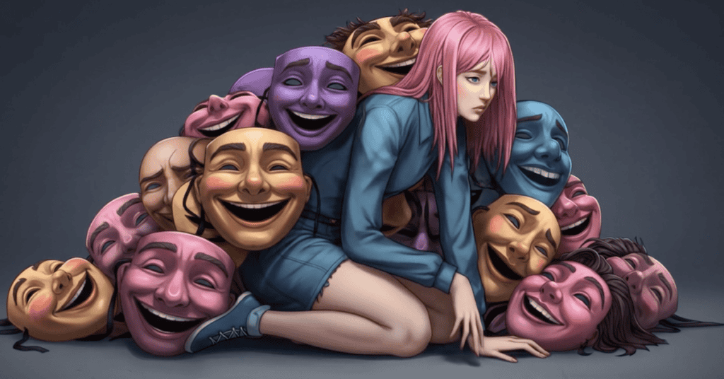Overwhelmed female Anime character kneeling beneath a pile of colourful smiling masks. Do you feel like you belong?