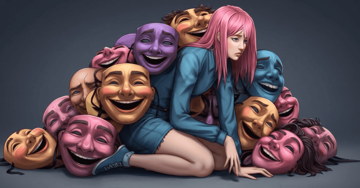 Overwhelmed female Anime character kneeling beneath a pile of colourful smiling masks. Do you feel like you belong?